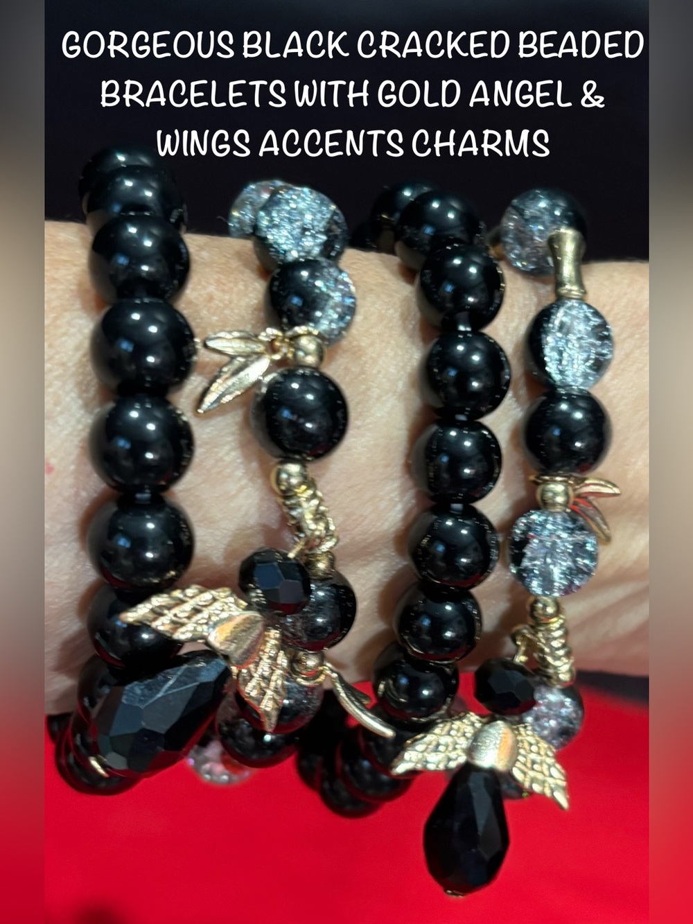 White & Black Cracked GlassBlack Beaded Bracelet Set with Gold Angel Wing Charms